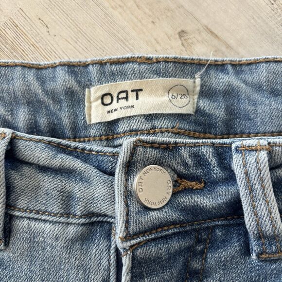 Oat New York High-Rise Jeans Medium Wash Blue Straight Leg Raw Hem Stretch 28/6 - Picture 5 of 9